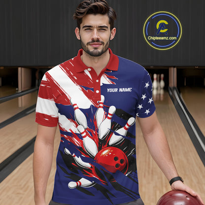 Red, White and Blue American flag Bowling Shirts for Men Custom Patriotic Bowling Team Outfit Uniform NQS10431