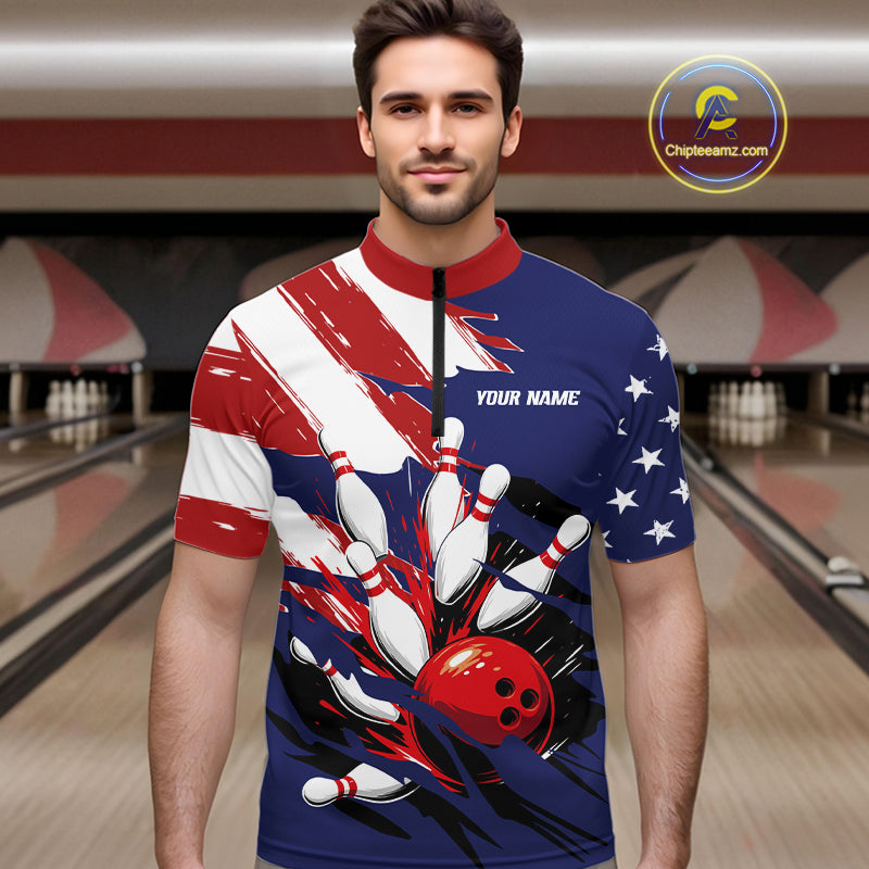 Red, White and Blue American flag Bowling Shirts for Men Custom Patriotic Bowling Team Outfit Uniform NQS10431