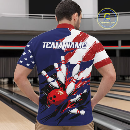 Red, White and Blue American flag Bowling Shirts for Men Custom Patriotic Bowling Team Outfit Uniform NQS10431