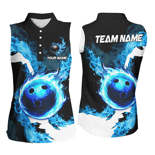 Blue Flame Fire Bowling Shirts for Women Custom Bowling Team Jersey Bowling Sleeveless Polo Shirts NQS8455