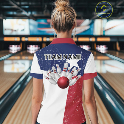 Grunge Texas Flag Bowling Polo, 1/4 Zip Shirts For Women Custom patriotic Texas Team Bowling Jerseys NQS11239