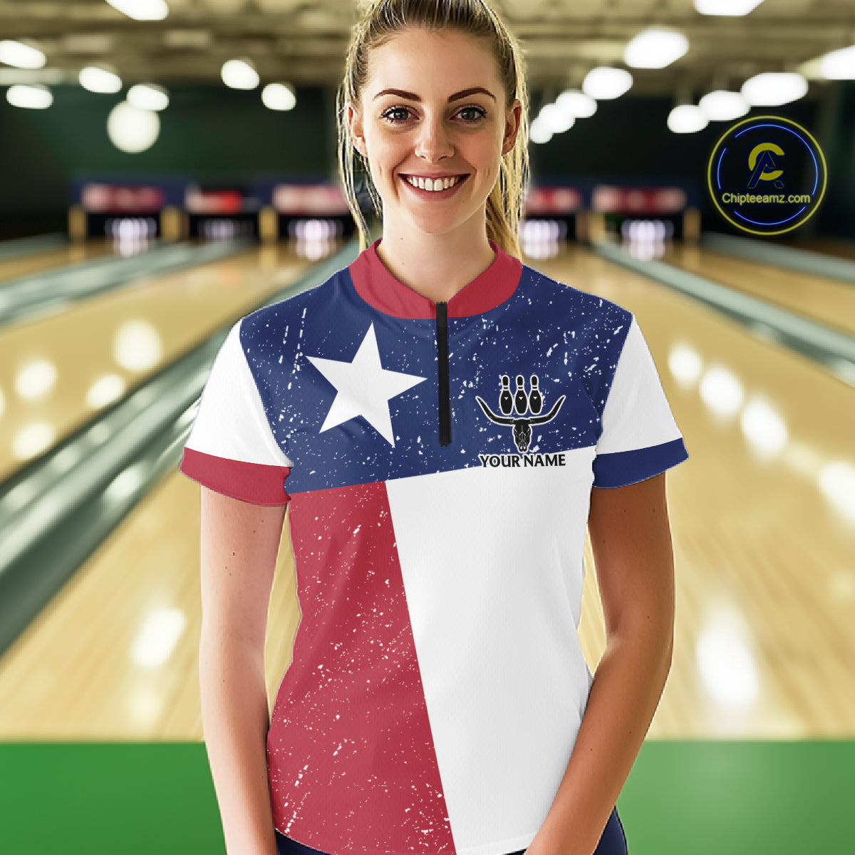 Grunge Texas Flag Bowling Polo, 1/4 Zip Shirts For Women Custom patriotic Texas Team Bowling Jerseys NQS11239