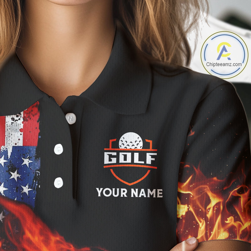 American Flag Flame Golf Polo shirts for Women Custom patriotic team Golf jerseys, ladies golf outfit NQS11433