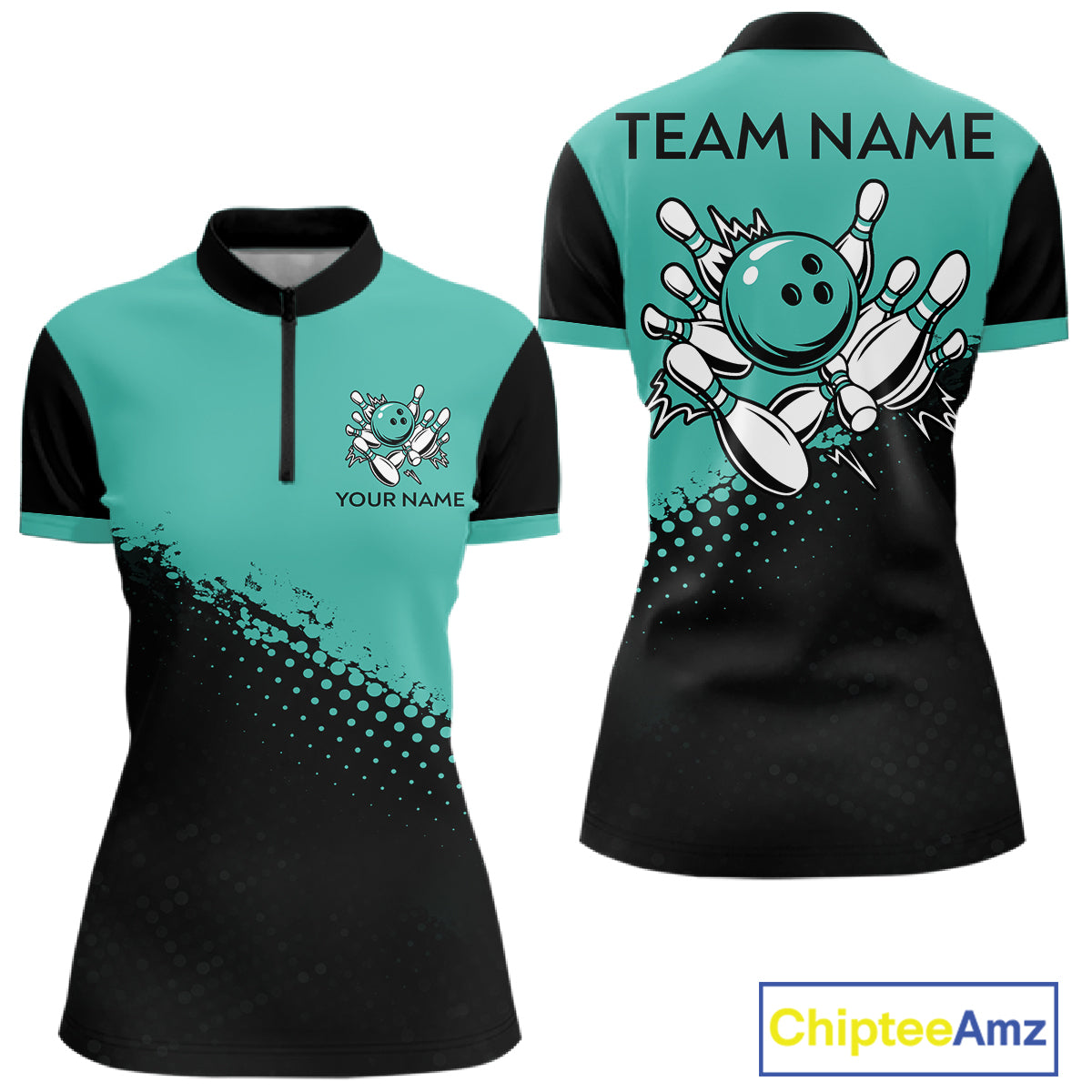Black and Turquoise Retro Bowling Shirts For Women, Vintage Team Bowling Shirts Custom NQS11635