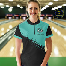 Load image into Gallery viewer, Black and Turquoise Retro Bowling Shirts For Women, Vintage Team Bowling Shirts Custom NQS11635