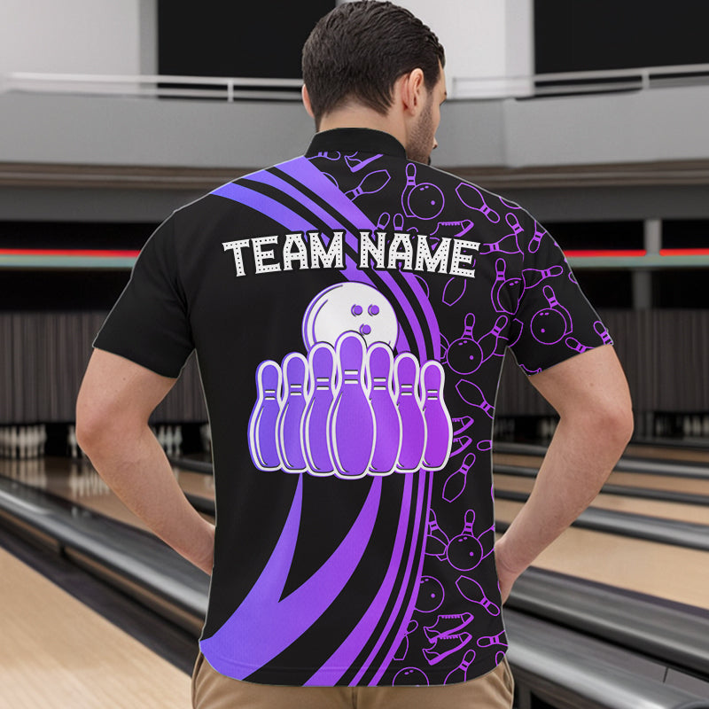 Black Mens bowling shirts Custom Purple neon team league bowling jerseys, gifts for bowlers NQS9667