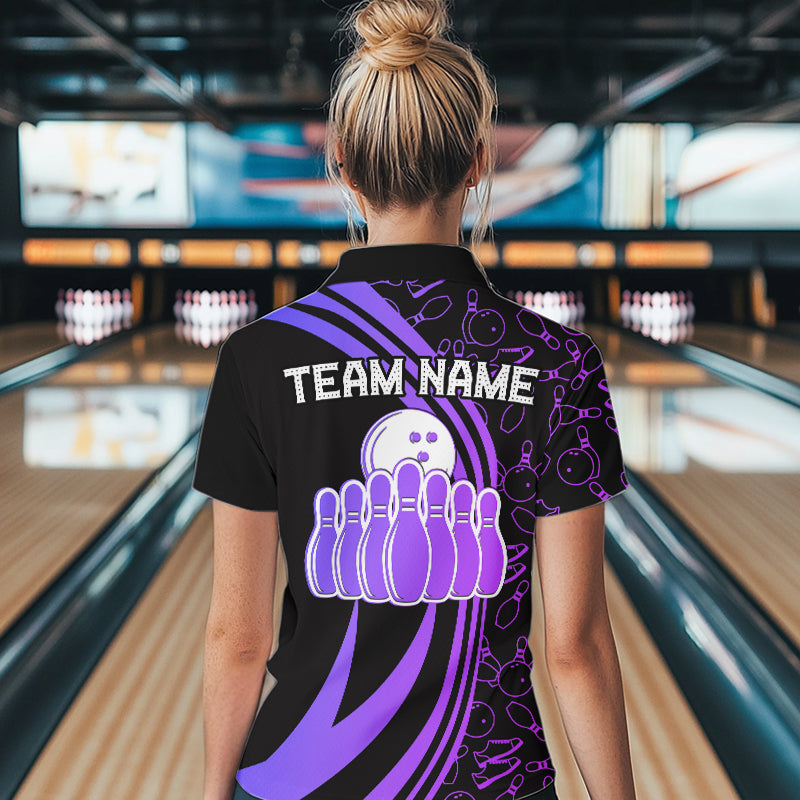 Black Women bowling shirts Custom Purple neon team league bowling jerseys, gifts for bowlers NQS9667