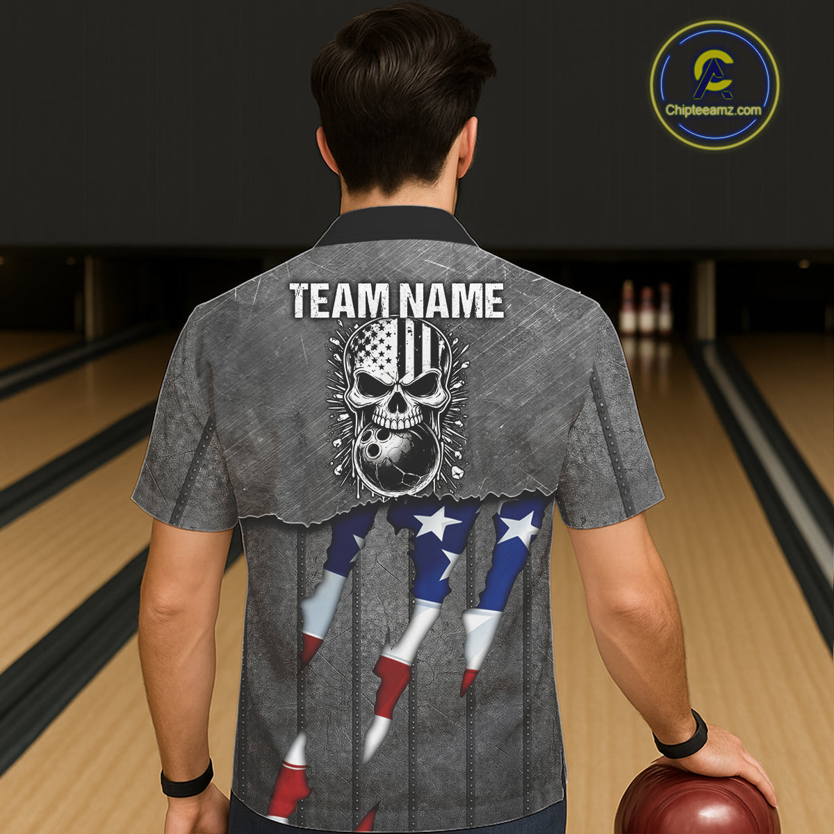 American Flag metal pattern Skull Bowling Button-up Shirts Custom patriotic Bowling Team Jerseys NQS11734
