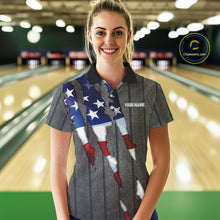 Load image into Gallery viewer, American Flag metal pattern Skull Bowling Shirts For Women Custom patriotic Bowling Team Jerseys NQS11734