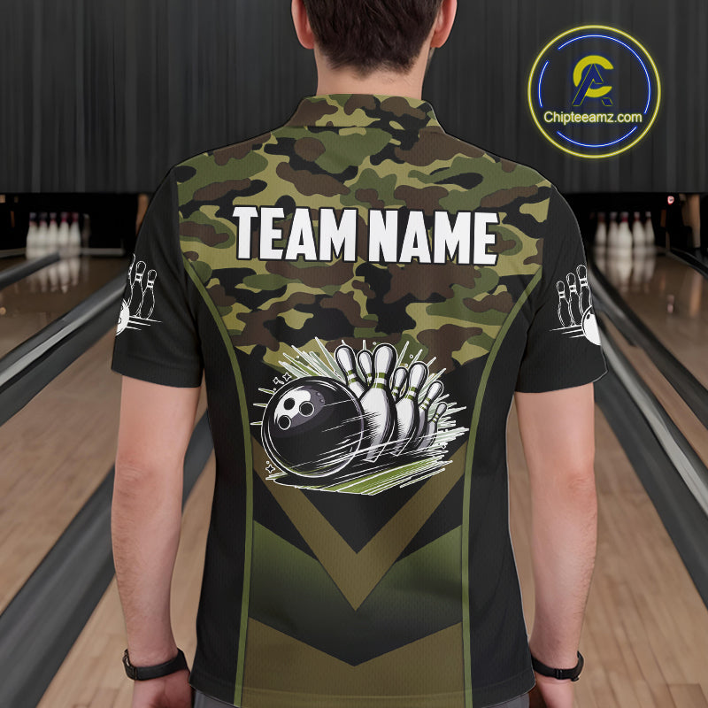Black green camo Mens polo, quarter Zip bowling shirts Custom bowling team league jerseys NQS11050
