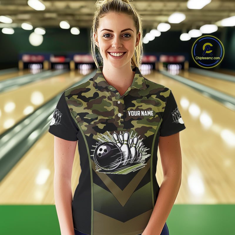 Black green camo Womens polo, quarter Zip bowling shirts Custom bowling team league jerseys NQS11050