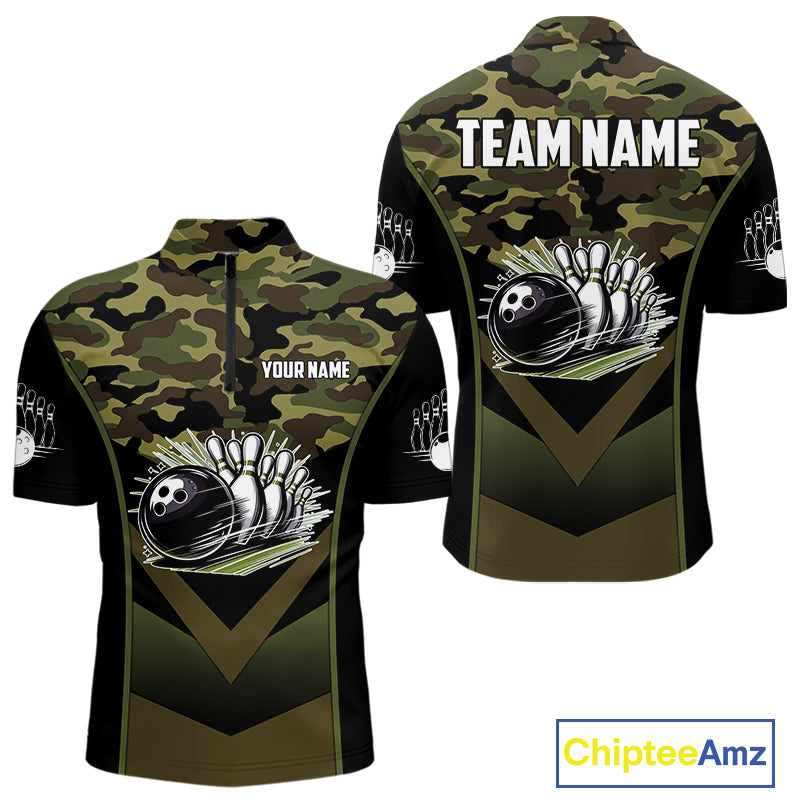 Black green camo Mens polo, quarter Zip bowling shirts Custom bowling team league jerseys NQS11050