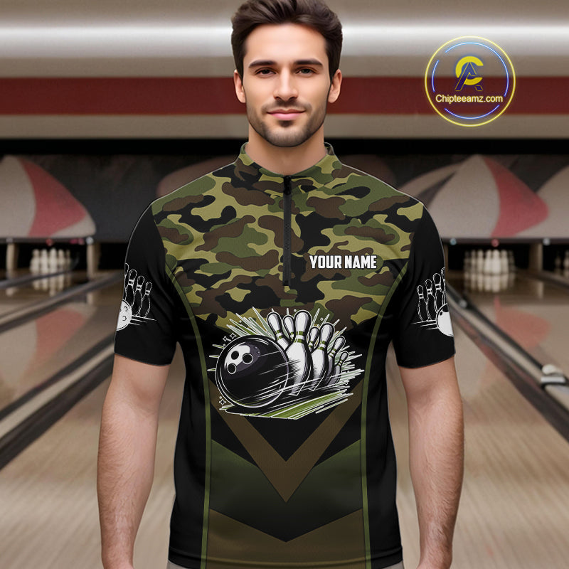 Black green camo Mens polo, quarter Zip bowling shirts Custom bowling team league jerseys NQS11050