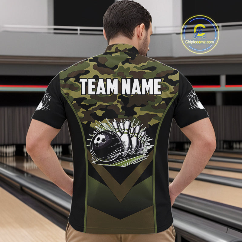 Black green camo Mens polo, quarter Zip bowling shirts Custom bowling team league jerseys NQS11050