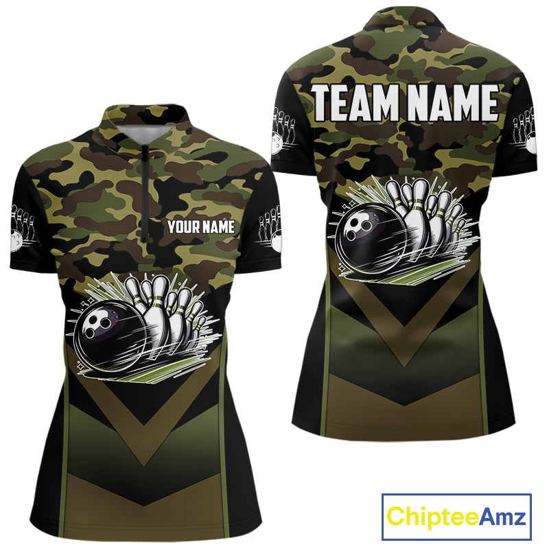 Black green camo Womens polo, quarter Zip bowling shirts Custom bowling team league jerseys NQS11050