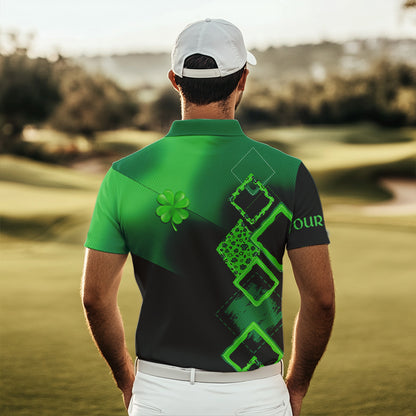 Mens golf polo shirt custom name green clover St Patrick day golf shirts, golfing gifts | Black NQS9514