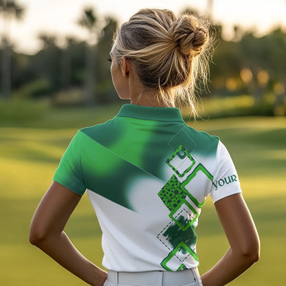Women golf polo shirt custom name white and green shamrock St Patrick day golf shirts, golfing gifts NQS9676