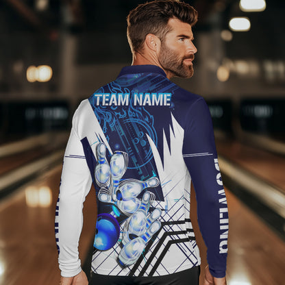 Blue and White Custom Flame Bowling Polo, Quarter-Zip Shirts For Men, Team Bowling League Jersey NQS9679