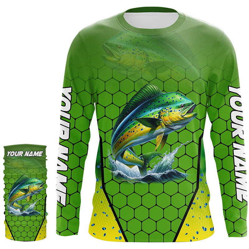 Personalized Mahi mahi green scales Performance Long Sleeve Fishing Shirts, Tournament Fishing Jerseys NQS7457