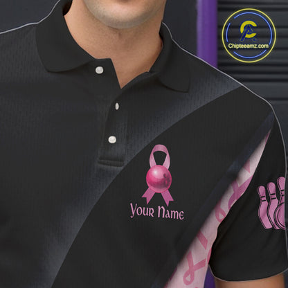 Black and Pink Ribbon Breast cancer Bowling Polo, 1/4 Zip Shirt for Men Custom Bowling Team Jersey NQS9961