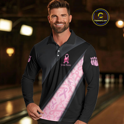 Black and Pink Ribbon Breast cancer Bowling Polo, 1/4 Zip Shirt for Men Custom Bowling Team Jersey NQS9961