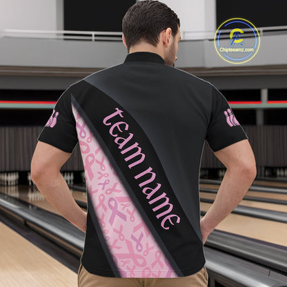 Black and Pink Ribbon Breast cancer Bowling Polo, 1/4 Zip Shirt for Men Custom Bowling Team Jersey NQS9961