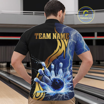 Custom Blue Lightning thunder and Gold Bowling Team Jerseys, Personalized Bowling Shirts for Men NQS10447