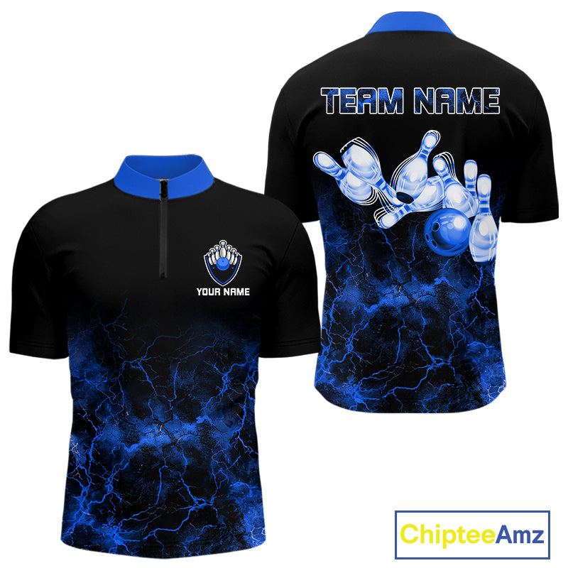 Personalized Men's bowling shirts Blue lightning Bowling Ball Pins bowling jerseys for Bowler NQS10633