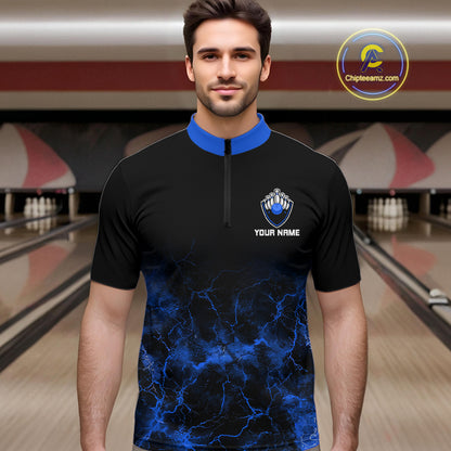 Personalized Men's bowling shirts Blue lightning Bowling Ball Pins bowling jerseys for Bowler NQS10633