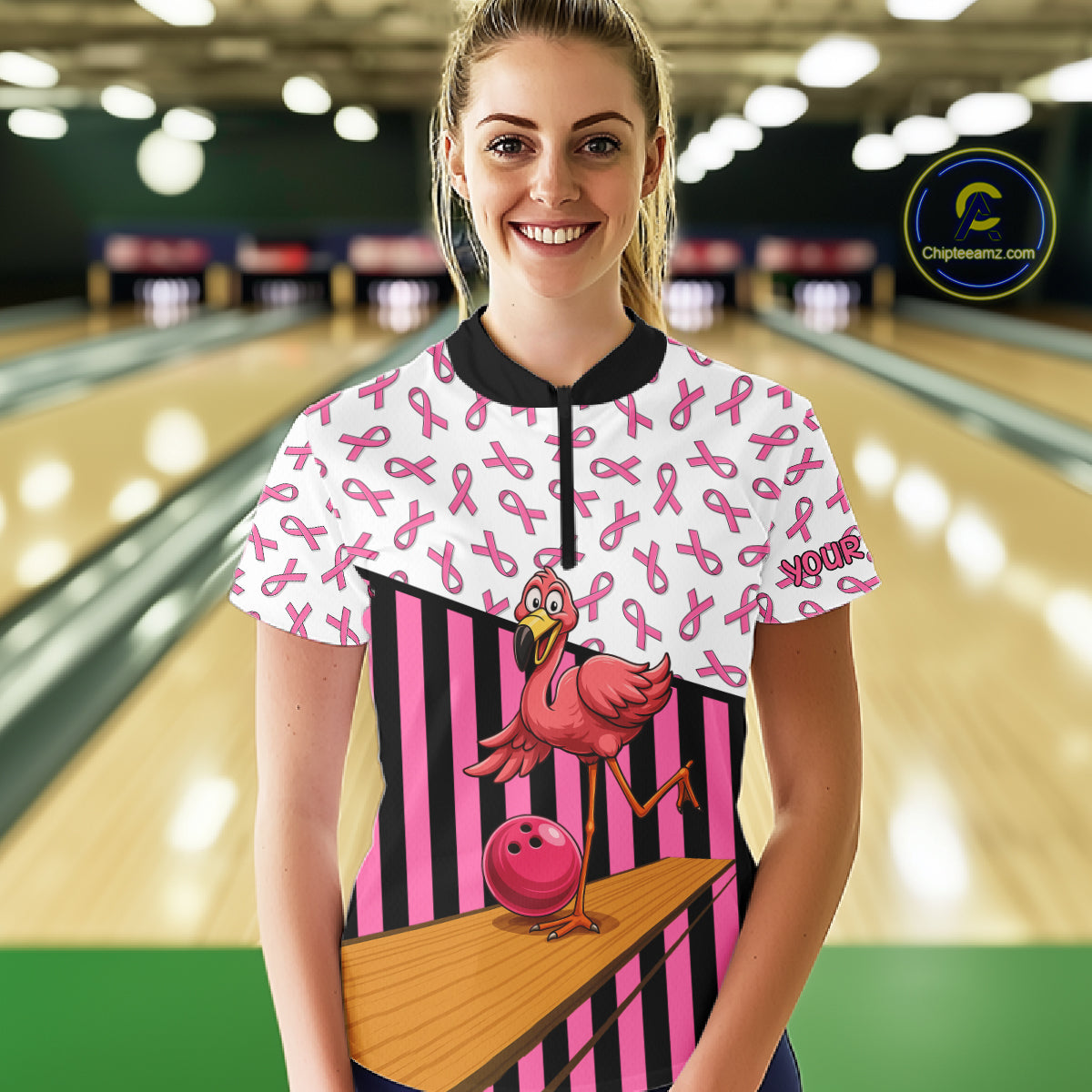 Pink ribbon pattern funny flamingo Bowling shirts for Women Custom breast cancer Team bowling outfit NQS11245