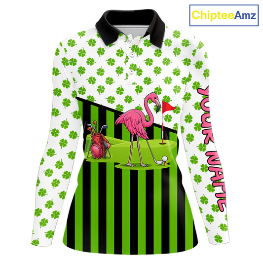 Green shamrock pattern flamingo Women golf polo shirts Custom St Patrick's Day golf outfit for ladies NQS11246