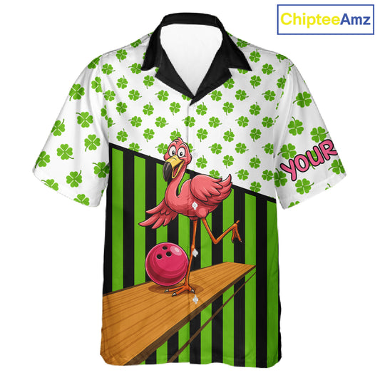 Green shamrock pattern flamingo Bowling Hawaiian Shirt Custom St Patrick's Day Team bowling outfit NQS11247