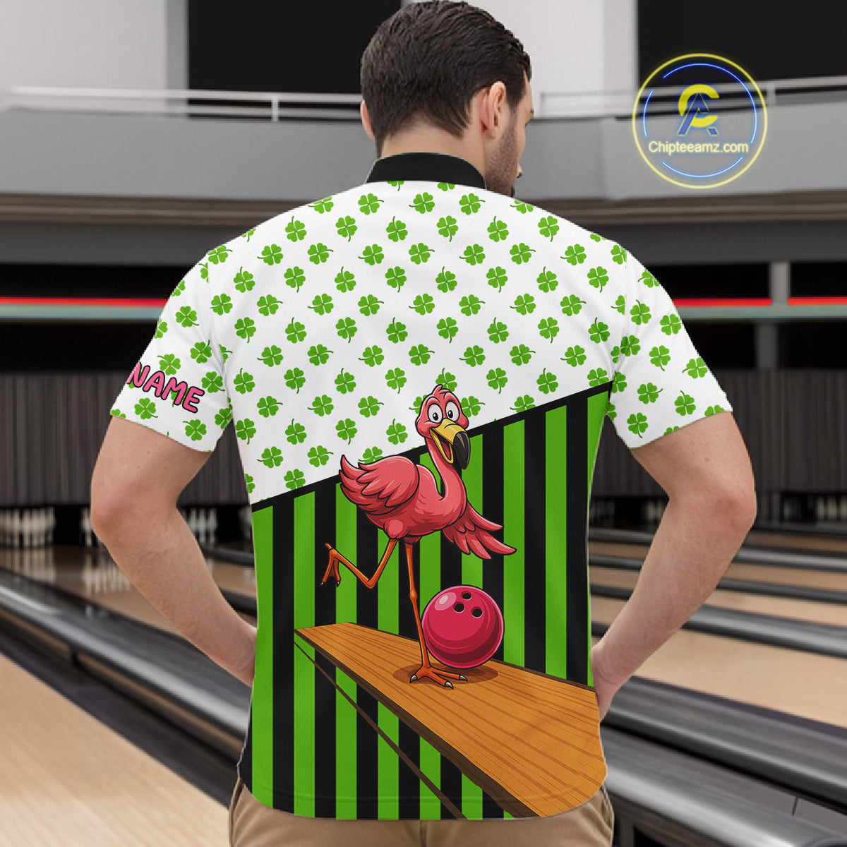 Green shamrock pattern flamingo Bowling shirts for Men Custom St Patrick's Day Team bowling outfit NQS11247