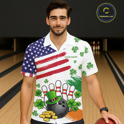 American Flag St Patrick's Day Clover Bowling Hawaiian shirts Custom team bowling button up shirt NQS11452