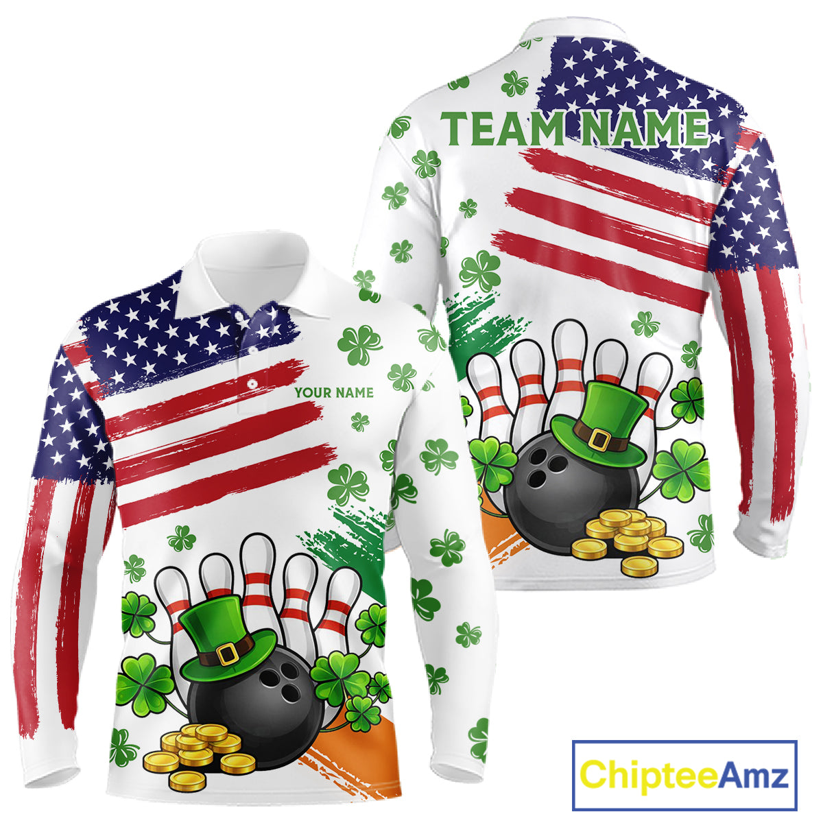 American Flag St Patrick's Day Clover Bowling polo, 1/4 zip shirt for men Custom team bowling jersey NQS11452