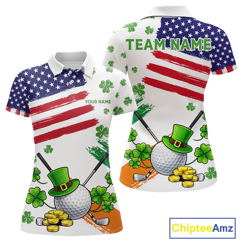 American Flag St Patrick's Day Clover Golf Polo shirts for Women Custom patriotic ladies golf tops NQS11453