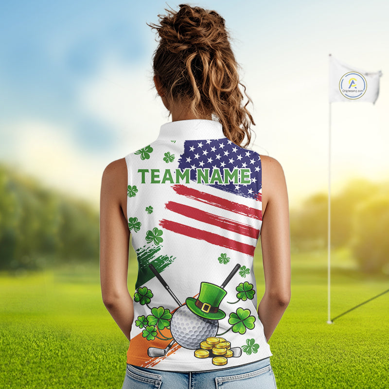 American Flag St Patrick's Day Clover Ladies Sleeveless Golf tops Custom patriotic women golf shirts NQS11453