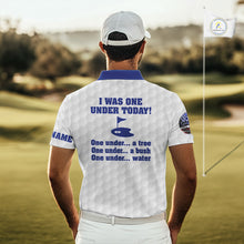 Load image into Gallery viewer, Funny Mens golf polo shirts Blue and white custom I was one under today, under a tree, bush, water NQS11636