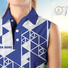 Load image into Gallery viewer, Women sleeveless polo shirt Blue and white custom I was one under today, under a tree, bush, water NQS11636