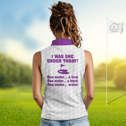 Women sleeveless polo shirt Purple and white custom I was one under today, under a tree, bush, water NQS11638