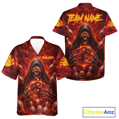 Red Lightning Thunder Skull Reaper Bowling Hawaiian Shirt Custom Team Bowling Button-up Shirt NQS11642
