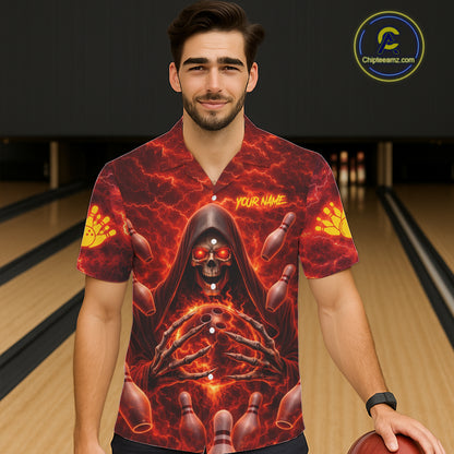 Red Lightning Thunder Skull Reaper Bowling Hawaiian Shirt Custom Team Bowling Button-up Shirt NQS11642