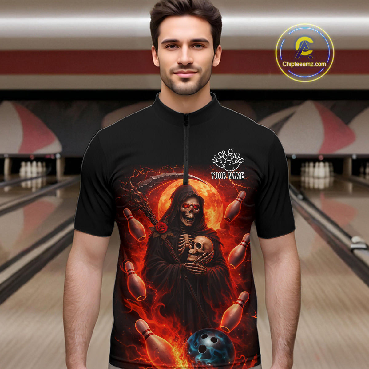 Black & Orange Lightning Thunder Moon Reaper Bowling Shirts For Men Custom Skull Team Bowling Jerseys NQS11643