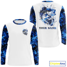Load image into Gallery viewer, Largemouth Bass fishing blue camo UV protection Customize name long sleeves personalized fishing gifts NQS839