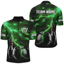 Load image into Gallery viewer, Green Lightning Thunder Black Bowling Polo, Quarter zip Shirt for men custom storm bowling team jersey NQS8457