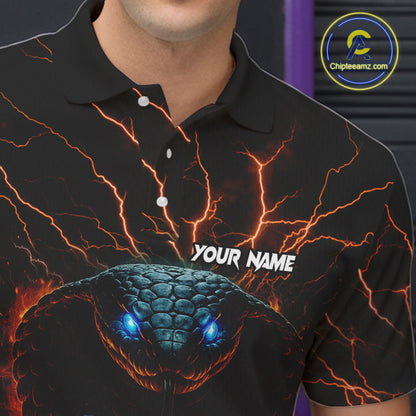 Personalized Orange Flame Thunder Lightning Cobra Snake Bowling Shirt For Men, Bowling Team Jerseys NQS10641