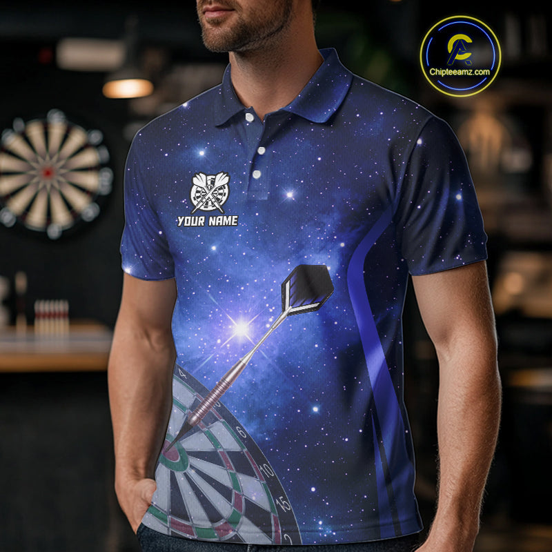 Blue galaxy space pattern Darts Polo, Quarter zip Shirts For Men Custom Team Darts Jersey Outfit NQS10876