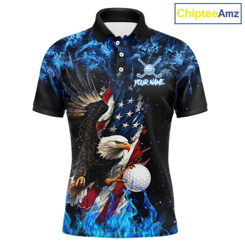 Blue Flame American Flag Eagle golf polo shirts for Men Custom patriotic mens golf outfit NQS11644