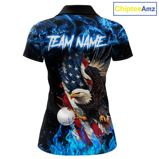 Blue Flame American Flag Eagle golf polo shirts for Women Custom patriotic ladies golf outfit NQS11644