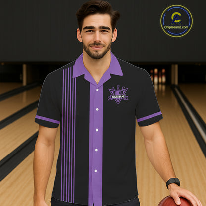 Custom Black and Purple American Flag Retro Bowling Team Hawaiian Shirts, Patriotic Bowling Outfits NQS11650